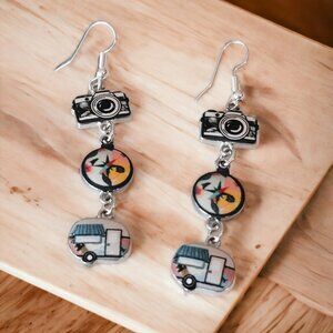 RV Camping Earrings with RV, Compass and Camera - New